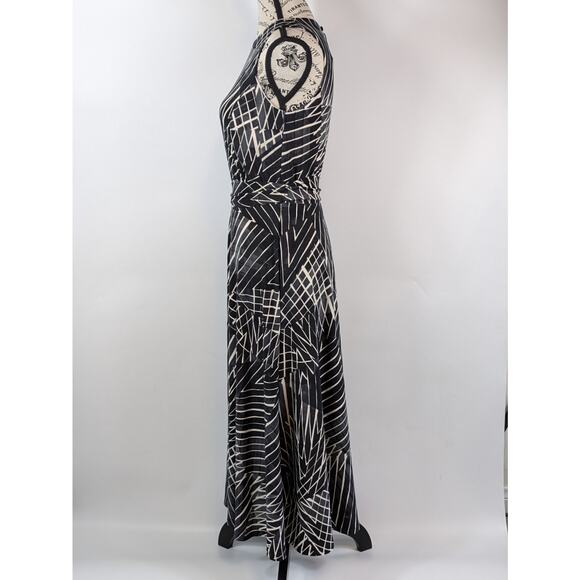 Ralph Lauren Women's Sz 4 Dress Midi Tie Belt Black Slate Cream Print Below Knee - Picture 4 of 8